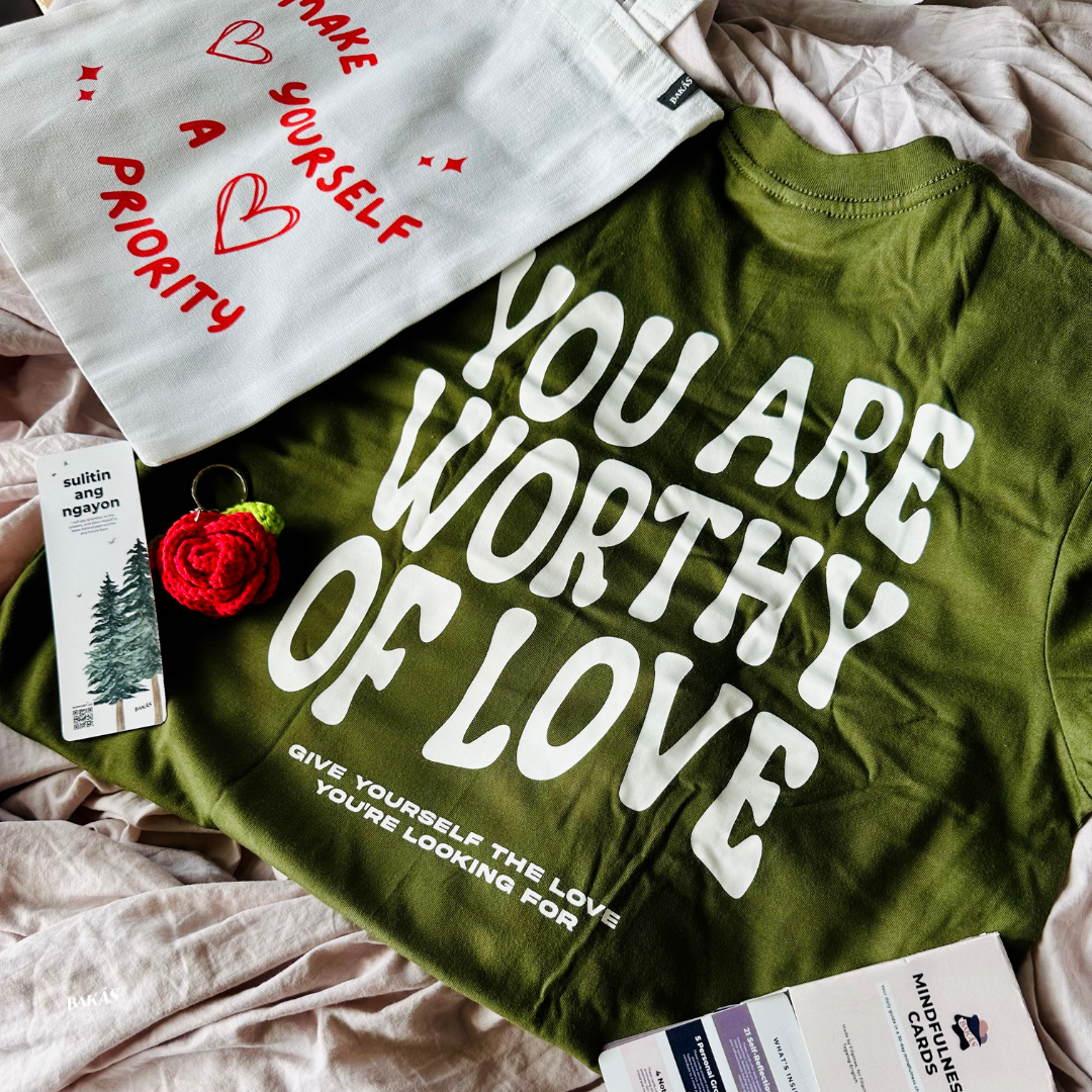 Self-Love Gift Bundle with Statement Shirt, Katsa Tote Bag, Bookmark, Mindfulness Cards Set, Crochet Rose Keychain